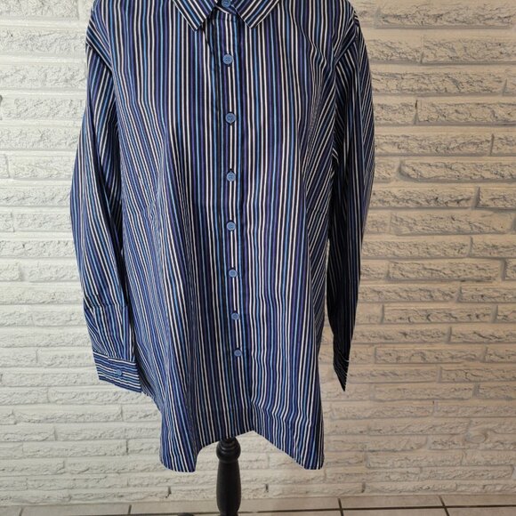 Roamans Womens Top 2X Plus Long Sleeve Collar Blue Stripe Button Up STR120E - Picture 4 of 9